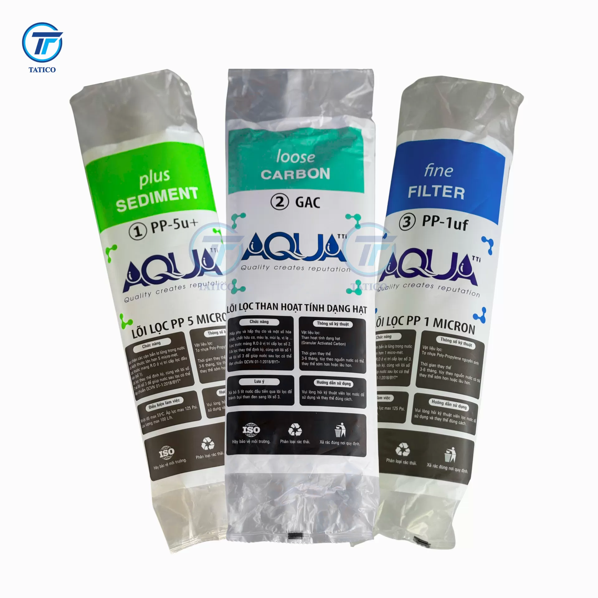 Combo 3 lõi lọc Aqua số 1,2,3 10 inch do Tatico Việt Nam sản xuất